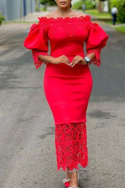 Lace Patchwork Elegant Off Shoulder Midi Dress -Clothing Outlet Store H23041963 RE 1