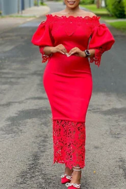 Lace Patchwork Elegant Off Shoulder Midi Dress -Clothing Outlet Store H23041963 RE 2