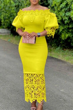 Lace Patchwork Elegant Off Shoulder Midi Dress -Clothing Outlet Store H23041963 YE 1