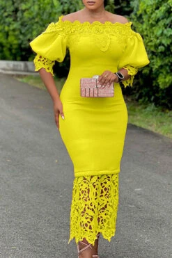 Lace Patchwork Elegant Off Shoulder Midi Dress -Clothing Outlet Store H23041963 YE 2