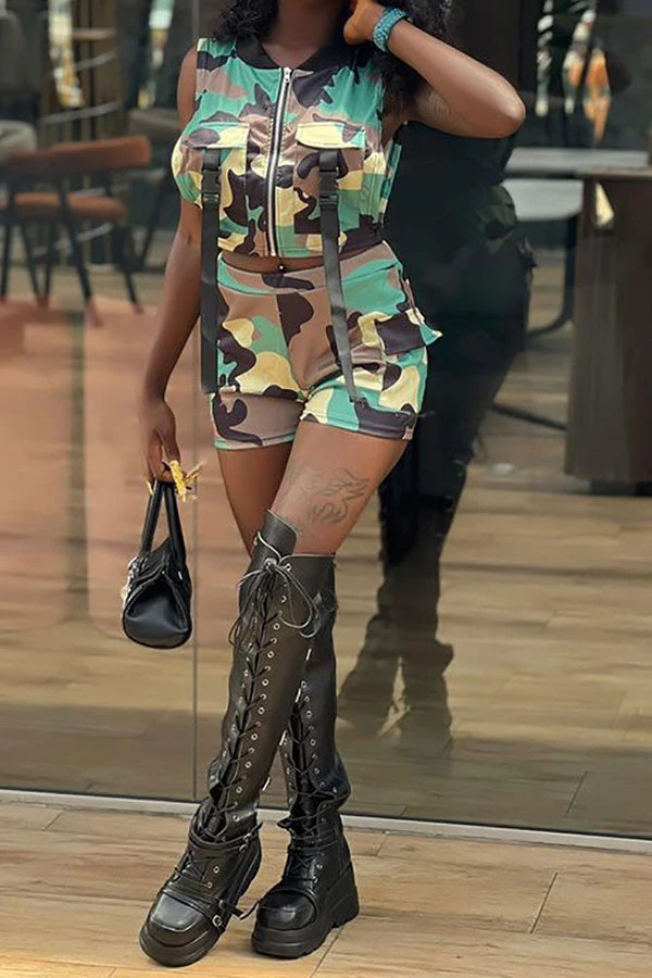 Camouflage Sporty Multi Pocket Buckled Pant Suit 1 Camouflage Sporty Multi Pocket Buckled Pant Suit