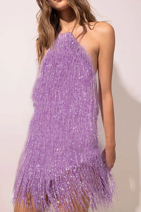 Solid Color Smart Halter Collar Tassel Mini Dress 1 Solid Color Smart Halter Collar Tassel Mini Dress