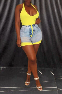 Denim Print Stylish Halter Collar Mini Dress -Clothing Outlet Store H23042460 YE 1