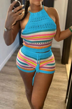 Rainbow Striped On-trend Knitted Pant Suit -Clothing Outlet Store H23042461 BL 1