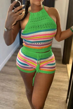 Rainbow Striped On-trend Knitted Pant Suit -Clothing Outlet Store H23042461 GR 1