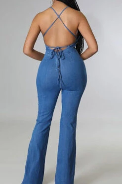 Solid Color Urban Strappy Back Denim Jumpsuit -Clothing Outlet Store H23042495 BL 4