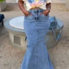 Solid Color Pretty Split Back Fishtail Denim Skirt