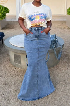 Solid Color Pretty Split Back Fishtail Denim Skirt