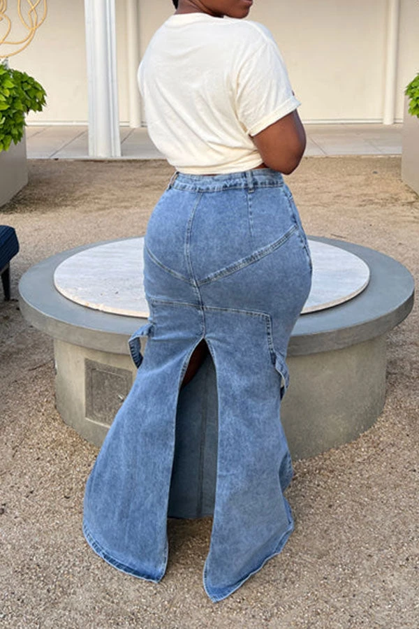 Solid Color Pretty Split Back Fishtail Denim Skirt 2 Solid Color Pretty Split Back Fishtail Denim Skirt - Image 2