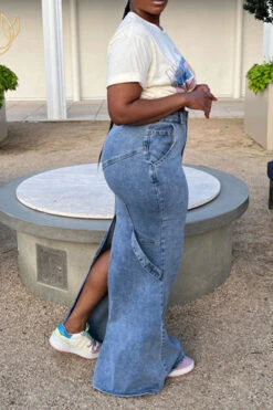 Solid Color Pretty Split Back Fishtail Denim Skirt 8 Solid Color Pretty Split Back Fishtail Denim Skirt -Clothing Outlet Store H23042601 BL 3