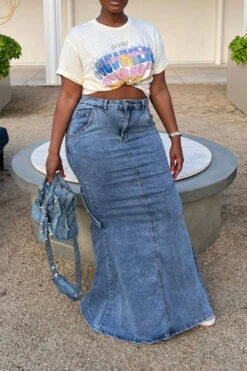 Solid Color Pretty Split Back Fishtail Denim Skirt 11 Solid Color Pretty Split Back Fishtail Denim Skirt -Clothing Outlet Store H23042601 BL 6