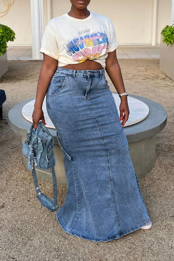 Solid Color Pretty Split Back Fishtail Denim Skirt 6 Solid Color Pretty Split Back Fishtail Denim Skirt - Image 6