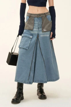 Hit Color Stylish Multi Pocket Zipper Denim Skirt