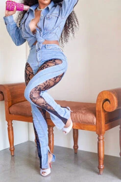 Lace Patchwork Chic Split Hem Jeans