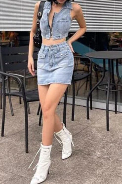 Solid Color Modern Multi Pocket Denim Dress Suit -Clothing Outlet Store H23042765 BL 4