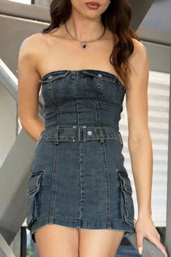 Solid Color Hot Multi Pocket Belted Denim Mini Dress -Clothing Outlet Store H23042772 BL 3