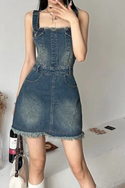 Gradient Girly Suspenders Denim Mini Dress -Clothing Outlet Store H23042773 BL 3