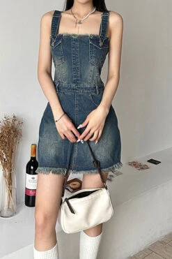 Gradient Girly Suspenders Denim Mini Dress -Clothing Outlet Store H23042773 BL 4