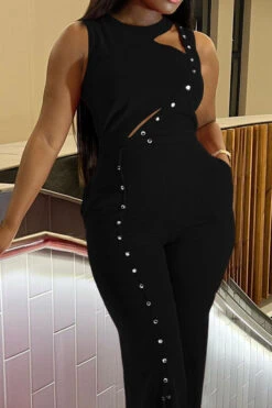 Solid Color Modern Button Decor High Split Jumpsuit -Clothing Outlet Store H23050404 BK 2