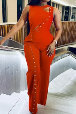 Solid Color Modern Button Decor High Split Jumpsuit -Clothing Outlet Store H23050404 OR 1