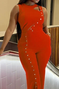 Solid Color Modern Button Decor High Split Jumpsuit -Clothing Outlet Store H23050404 OR 2