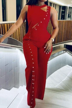 Solid Color Modern Button Decor High Split Jumpsuit
