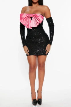 Sequined Kitsch Big Bowknot Mini Dress 5 Sequined Kitsch Big Bowknot Mini Dress -Clothing Outlet Store H23050417 BK 3