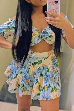 Floral Print Stringy Selvedge Girly Pleated Skirt Suit