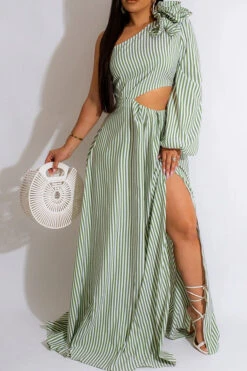 3D Flower Decor Striped Rocking Asymmetric Dress 6 3D Flower Decor Striped Rocking Asymmetric Dress -Clothing Outlet Store H23050448 GR 1