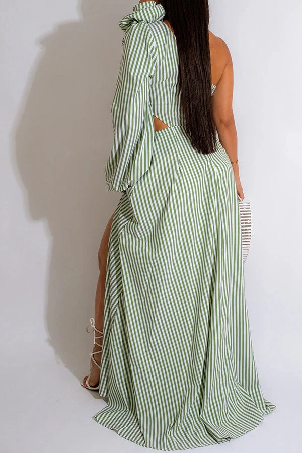 3D Flower Decor Striped Rocking Asymmetric Dress 4 3D Flower Decor Striped Rocking Asymmetric Dress - Image 4