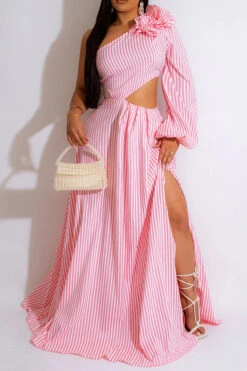 3D Flower Decor Striped Rocking Asymmetric Dress