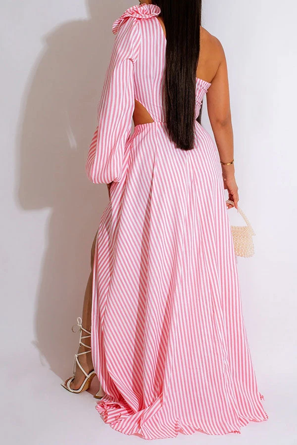 3D Flower Decor Striped Rocking Asymmetric Dress 2 3D Flower Decor Striped Rocking Asymmetric Dress - Image 2