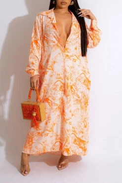 Natural Print Relaxed Single Breasted Maxi Dress -Clothing Outlet Store H23050481 OR 1