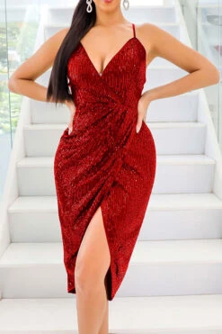 Sequined Glittery Draped Irregular Split Midi Dress -Clothing Outlet Store H23050482 WR 1