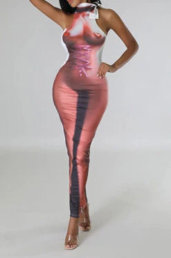 Artistic Body Print Striking Bodycon Midi Dress