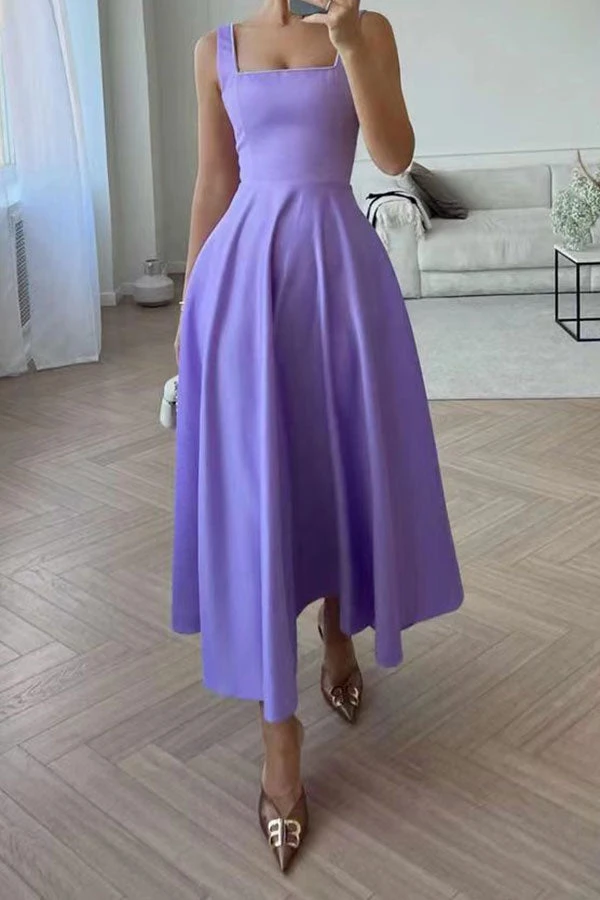 Solid Color Simple Swing Pleated Midi Dress 2 Solid Color Simple Swing Pleated Midi Dress - Image 2
