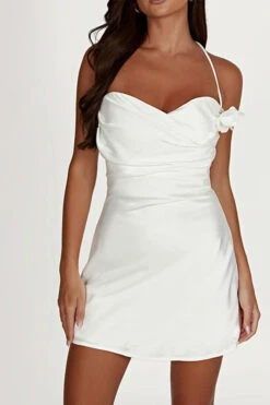 3D Flower Decor Elegant Halter Collar Mini Dress -Clothing Outlet Store H23050502 WH 3