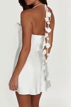 3D Flower Decor Elegant Halter Collar Mini Dress -Clothing Outlet Store H23050502 WH 5