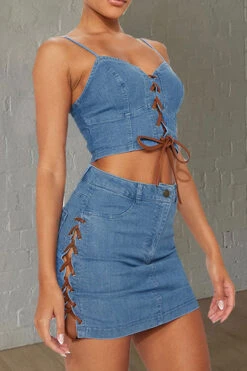 Solid Color Smart Strappy Denim Skirt Suit