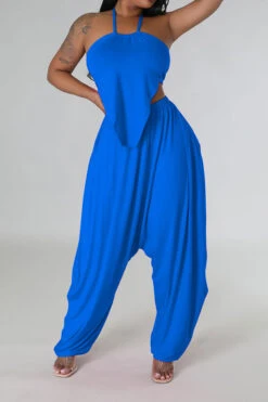 Solid Color Hippy Lace-Up Harem Pant Suit -Clothing Outlet Store H23050524 BL 1