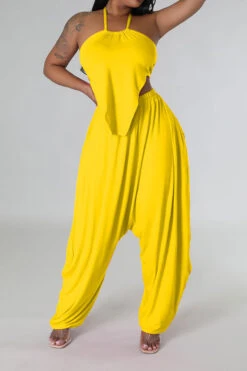 Solid Color Hippy Lace-Up Harem Pant Suit -Clothing Outlet Store H23050524 YE 1