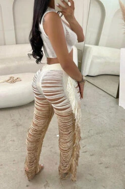 Gradient Ripped Cool Side Tassel Knitted Pant Suit 23 Gradient Ripped Cool Side Tassel Knitted Pant Suit -Clothing Outlet Store H23050525 AP 2