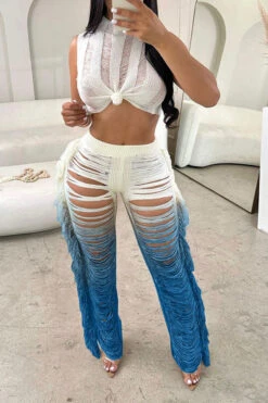 Gradient Ripped Cool Side Tassel Knitted Pant Suit 20 Gradient Ripped Cool Side Tassel Knitted Pant Suit -Clothing Outlet Store H23050525 BL 1