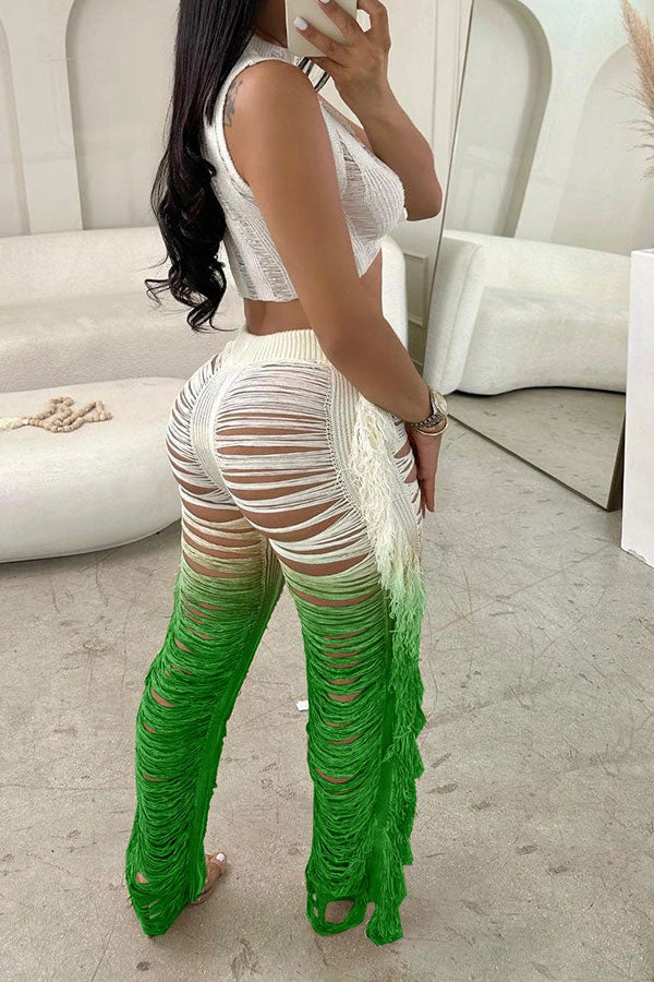 Gradient Ripped Cool Side Tassel Knitted Pant Suit 8 Gradient Ripped Cool Side Tassel Knitted Pant Suit - Image 8