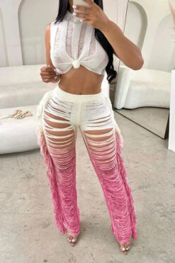 Gradient Ripped Cool Side Tassel Knitted Pant Suit