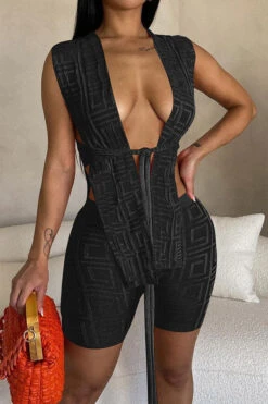 Towel Texture Kitsch Lace-Up Irregular Pant Suit -Clothing Outlet Store H23050532 BK 1