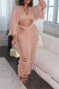 Solid Color Ripped Tassel Bohemia Knitted Skirt Suit Beachwear -Clothing Outlet Store H23050534 AP 1