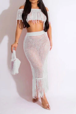 Crochet Hollow-Out On-trend Tassel Skirt Suit Beachwear 12 Crochet Hollow-Out On-trend Tassel Skirt Suit Beachwear -Clothing Outlet Store H23050535 WH 1