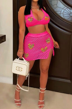 Heart Jacquard Hollow-Out Flattering Skirt Suit Beachwear
