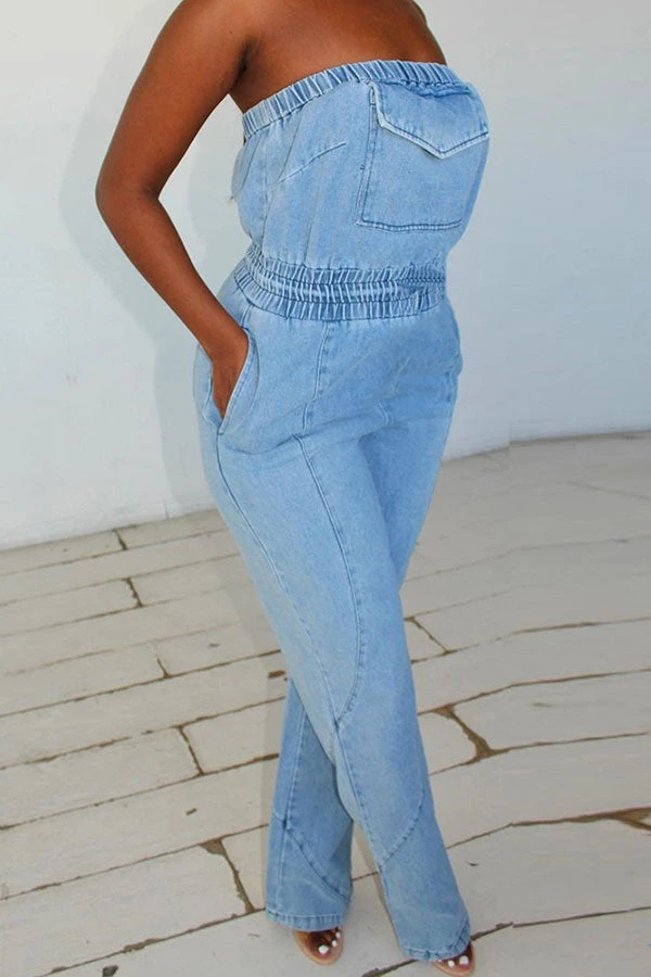 Solid Color Stylish Bandeau Denim Jumpsuit 3 Solid Color Stylish Bandeau Denim Jumpsuit - Image 3